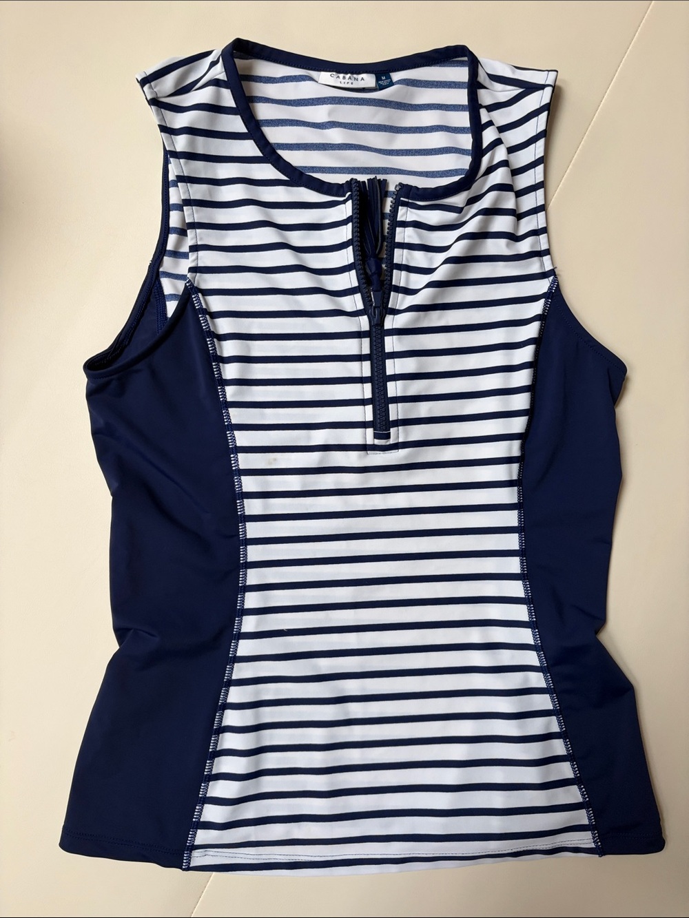 Cabana Life Navy and White Striped Zip-Front One-Piece Tank